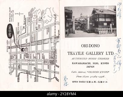Alte Vintage-Broschüre aus den späten 1950er und frühen 1960er Jahren für Ori-dono Textile Gallery Ltd in Nijo. Kyoto, Japan. Stockfoto
