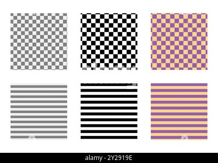 Set aus Streifen und nahtlosen Schachbrettmustern. Druck für Mode Accessoire Kleidung technische Illustration. Vektor Schwarze, graue und lila orange Linien flache Skizzenkontur isoliert Stock Vektor