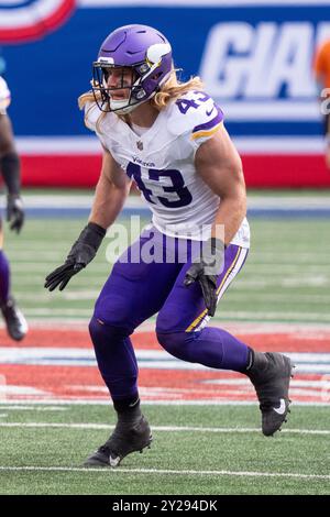 Minnesota Vikings Linebacker Andrew Van Ginkel (43) in Aktion während des NFL-Fußballspiels gegen die New York Giants am Sonntag, den 8. September 2024, in East Rutherford. Die Vikings gewannen mit 28:6. (Christopher Szagola/Cal Sport Media) (Bild: © Christopher Szagola/Cal Sport Media) Stockfoto