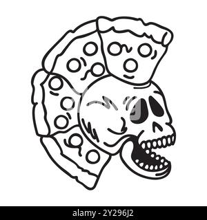 Ein menschlicher Schädel mit einer Kombination aus Pizza Food Punk. Geeignet als Street Style, Fast Food Logo, Aufkleber und T-Shirts. Vektorabbildung Stock Vektor