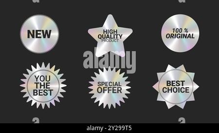 Holografische Aufkleber Logos Emblem Etiketten Farbset. Flimmereffekt. Zur Verpackung von Werbematerial. Aufkleber für Kleidung oder Accessoires. Vektorabbildung. Stock Vektor
