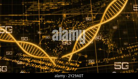 Bild von 5g-Text, digitaler Datenverarbeitung und dna-Strängen auf schwarzem Hintergrund Stockfoto