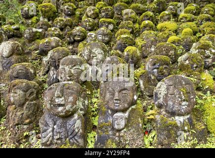 Moosbedeckte Steinstatuen von Rakanen, den Jüngern Buddhas, dem Otagi Nenbutsu-JI-Tempel, Kyoto, Japan, Asien Stockfoto