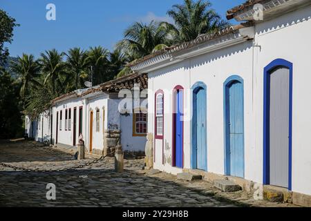 Typische Hausfassaden in Sonnenschein mit bunten Türen und Fenstern, im Hintergrund Palmen, historische Stadt Paraty, Brasilien, Südamerika Stockfoto