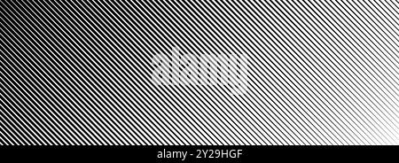 Textur der schrägen Linie mit Halbtonabstufung. Verblichener diagonaler Streifen-Verlaufshintergrund. Schwarzer Hintergrund mit schrägen Linien. Verschwindend dünne parallele Streifen Tapete für Überlagerung, Druck, Umschlag. Vektor Stock Vektor
