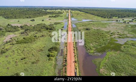 Aus der Vogelperspektive der Transpantaneira-Straße, die gerade die typische Landschaft der North Pantanal Feuchtgebiete, Mato Grosso, Brasilien, Südamerika durchquert Stockfoto