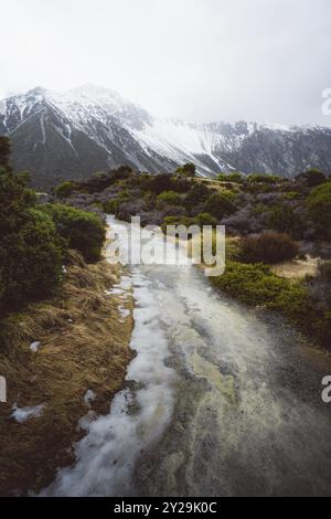 Ein eisbedeckter Pfad führt durch eine schneebedeckte Landschaft, umgeben von Bäumen und Büschen, Hooker Valley Track, Neuseeland, Ozeanien Stockfoto