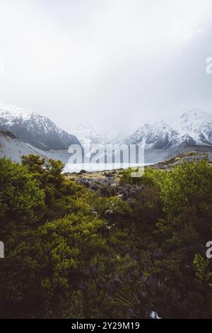 Blick auf einen Bergsee umgeben von schneebedeckten Bergen und grüner Vegetation, Hooker Valley Track, Neuseeland, Ozeanien Stockfoto