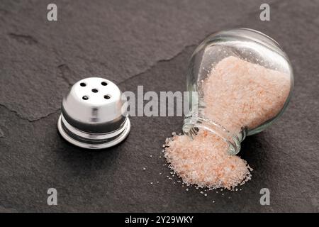 Rosafarbenes Himalaya-Salz – feine Kristalle in einem Salzstreuer aus Glas. Stockfoto