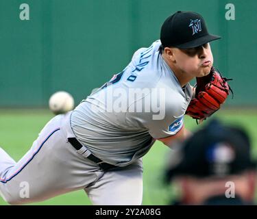 Pittsburgh, Usa. September 2024. Miami Marlins Pitcher Valente Bellozo (83) startet am Montag, 9. September 2024 in Pittsburgh gegen die Pittsburgh Pirates im PNC Park. Foto: Archie Carpenter/UPI Credit: UPI/Alamy Live News Stockfoto