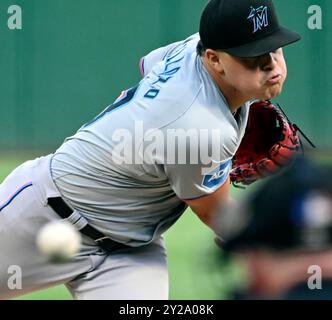 Pittsburgh, Usa. September 2024. Miami Marlins Pitcher Valente Bellozo (83) startet am Montag, 9. September 2024 in Pittsburgh gegen die Pittsburgh Pirates im PNC Park. Foto: Archie Carpenter/UPI Credit: UPI/Alamy Live News Stockfoto