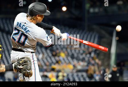 Pittsburgh, Usa. September 2024. Cristian Pache (20) von Miami Marlins belegt am Montag, 9. September 2024 in Pittsburgh die Spitze des neunten Inning und erzielt einen Lauf gegen die Pittsburgh Pirates im PNC Park. Foto: Archie Carpenter/UPI Credit: UPI/Alamy Live News Stockfoto