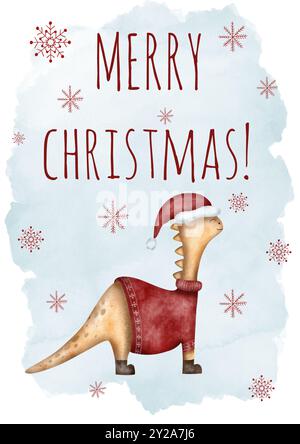 Süßer Dinosaurier in einem weihnachtspullover, handgezeichnet. Weihnachtskarte. Weihnachtskarte mit Aquarell. Niedliche Illustration für Winterferien, buntes niedliches Baby Stockfoto