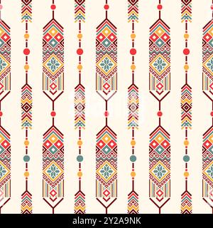 Indianische ethnische geometrische Muster. Ein wiederholtes, vertikales, hängendes Ornament mit Pfeilen für Hintergrund, Textildrucke, Stoffstruktur und Wrappi Stock Vektor
