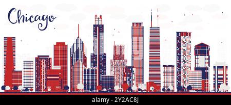 Abstrakte Skyline von Chicago, USA, mit farbigen Wolkenkratzern. Vektordarstellung. Stadtbild mit Wahrzeichen. Stock Vektor