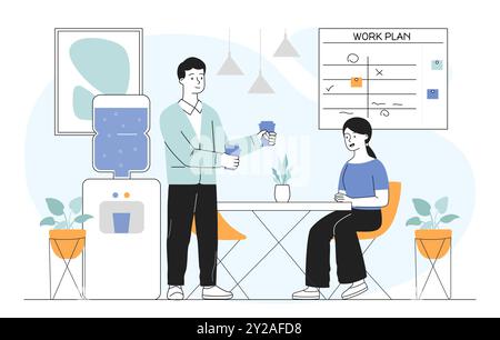 Pause bei der Arbeit. Mann und Frau im Büro sitzen mit heißen Getränken. Gespräch am Arbeitsplatz. Wasser im Kühler. Kollegen und Partner. Linearer Vektor Stock Vektor