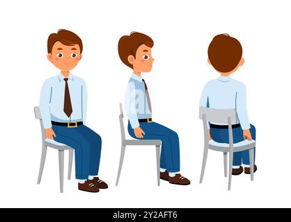 Konstrukteur eines Geschäftsmannes. Geschäftsmann im Anzug sitzt auf dem Stuhl. Montagesatz zur individuellen Anpassung. Zeichenpaket in verschiedenen Winkeln. Unternehmergeist und Wirtschaft Stock Vektor