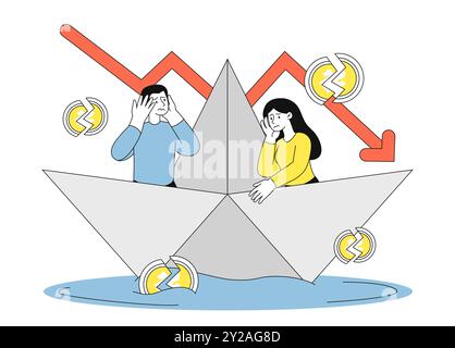 Leute mit Konkurs. Mann und Frau segeln auf einem Papierboot mit fallendem Pfeil im Hintergrund. Wirtschafts- und Finanzkrise. Geschäftsleute mit Stock Vektor