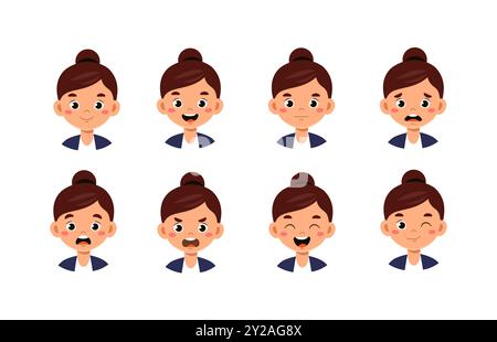 Geschäftsfrau Konstruktorin. Geschäftsfrau im Anzug. Montagesatz zur individuellen Anpassung. Gesichter mit verschiedenen Emotionen. Unternehmergeist und Wirtschaft. Flach Stock Vektor