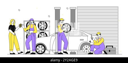 Mitarbeiter des Autoverkehrs. Männer in Uniform, die Autoreifen wechseln. Reparatur von Auto und Fahrzeug. Wartungspersonal mit Werkzeugen. Automatische Einstellung und Stock Vektor