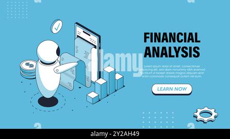 Poster des Bots zur isometrischen Finanzanalyse. Internet-Bot mit Rechnungen am Smartphone. Virtueller Assistent und Helfer bei Budgetierung und Buchhaltung. Landen Stock Vektor