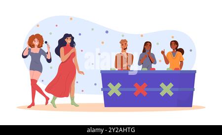 Gesangswettbewerb-Konzept. Frauen mit Mikrofonen sprechen mit Geschworenen. Der Teilnehmer tritt am Tatort auf. Unterhaltung TV-Show. Illustration des flachen Vektors Stock Vektor