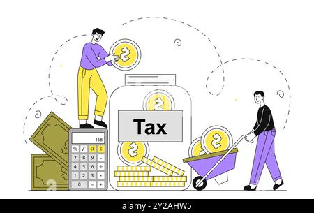 Personen mit Steuern. Männer mit Banknoten und Goldmünzen in der Nähe des Glasgefäßes. Buchhaltung und Budgetierung. Geschäftsleute mit Finanzaudit. Linearer Vektor Stock Vektor