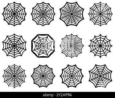Spider Web-Symbole. Satz Spinnennetz. Halloween Spinnennetz. Gruselige Elemente zur Dekoration. Vektorabbildung. Stock Vektor