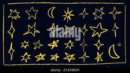 Ein lustiges Set wie ein Kind, das goldene Sterne und Halbmond zeichnet. Sammlung von geometrischen Elementen der Wachsbleistiftstruktur. Rauer Buntstift, Kreidevektor-Illustration in Stock Vektor