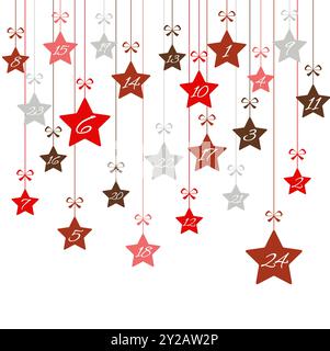 Hängende weihnachtssterne, rot gefärbt mit Zahlen 1 bis 24, die Adventskalender für Weihnachten und Winterzeit-Konzepte zeigen, weißer Hintergrund Stock Vektor