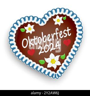 Illustriertes Lebkuchenherz mit Text Oktoberfest 2024 und roten Herzen und deutschen Edelweissblüten Stock Vektor