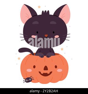 Eine süße kleine schwarze Katze sitzt in einem Kürbis. Happy Halloween Konzept. Lustige, skurrile Clipart mit Charakter für Aufkleber, Einladung, Banner. Stock Vektor