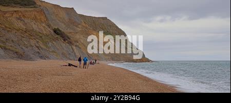 Meeresangler am bewölkten Seaton Beach, Dorset, Großbritannien. Stockfoto