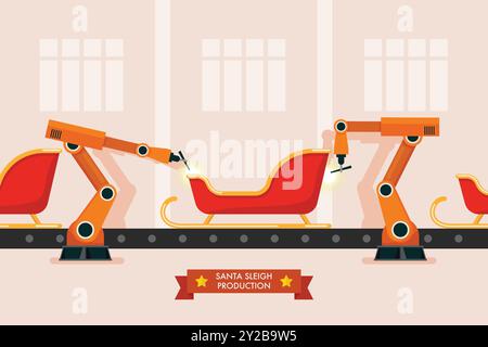 Bei der Fahrzeugfertigung werden Roboterarme zur Unterstützung der Fahrzeugproduktion verwendet. Einblicke in die Roboterindustrie in die Automobil- und Elektronikbranche. Smart Factory i Stock Vektor