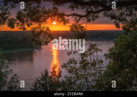 Wunderschöner Blick auf den Sonnenuntergang über dem breiten Fluss, eingerahmt von Blättern großer Bäume; Sonnenlicht reflektiert sich im Wasser Stockfoto