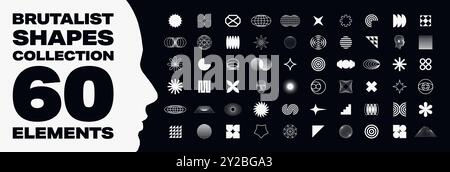 Satz von Symbolen für brutalistische Elemente. Moderne geometrische Vektorformen für Karten, Flyer, Poster, Collagen, Web, Werbung. Stock Vektor