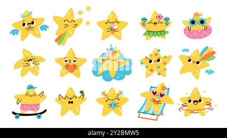Niedliche Stars. Lustige Charaktere. Verschiedene Situationen und Posen. Emotionsausdrücke. Fröhliches Maskottchen. Lächelnde Persönlichkeiten. Weinendes Emoji. Fröhliche Fliege Stock Vektor