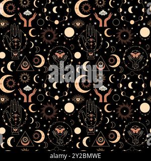 Nahtloses Raummuster auf schwarzem Hintergrund. Boho-Illustration mit Mond, Sonne, Libellen, Sternen, Tapeten für Astrologie, Tarot, Esoterik Stock Vektor