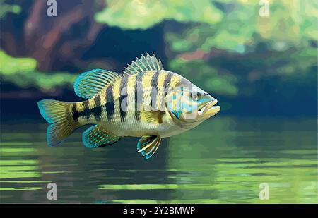 Erkunden Sie die Welt des Peacock Bass Fish, Südamerikas farbenfrohe Raubtier, bekannt für seine Kraft und Schönheit. Ein muss für trophäensuchende Angler! Stock Vektor