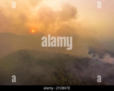 Klimawandel, tropische Waldbrände setzen Kohlendioxidemissionen (CO2) frei, die zum Klimawandel und zur globalen Erwärmung beitragen. Stockfoto