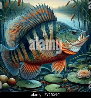 Erkunden Sie die Welt des Peacock Bass Fish, Südamerikas farbenfrohe Raubtier, bekannt für seine Kraft und Schönheit. Ein muss für trophäensuchende Angler! Stock Vektor