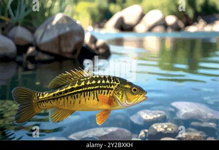 Erkunden Sie die Welt des Peacock Bass Fish, Südamerikas farbenfrohe Raubtier, bekannt für seine Kraft und Schönheit. Ein muss für trophäensuchende Angler! Stock Vektor