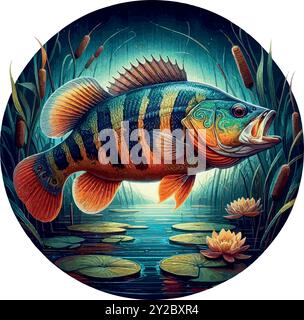 Erkunden Sie die Welt des Peacock Bass Fish, Südamerikas farbenfrohe Raubtier, bekannt für seine Kraft und Schönheit. Ein muss für trophäensuchende Angler! Stock Vektor