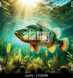 Erkunden Sie die Welt des Peacock Bass Fish, Südamerikas farbenfrohe Raubtier, bekannt für seine Kraft und Schönheit. Ein muss für trophäensuchende Angler! Stock Vektor
