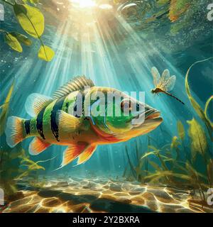 Erkunden Sie die Welt des Peacock Bass Fish, Südamerikas farbenfrohe Raubtier, bekannt für seine Kraft und Schönheit. Ein muss für trophäensuchende Angler! Stock Vektor