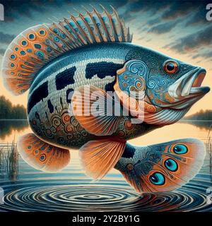 Erkunden Sie die Welt des Peacock Bass Fish, Südamerikas farbenfrohe Raubtier, bekannt für seine Kraft und Schönheit. Ein muss für trophäensuchende Angler! Stock Vektor