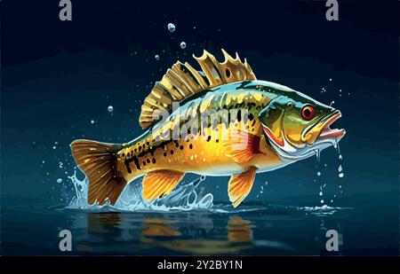 Erkunden Sie die Welt des Peacock Bass Fish, Südamerikas farbenfrohe Raubtier, bekannt für seine Kraft und Schönheit. Ein muss für trophäensuchende Angler! Stock Vektor