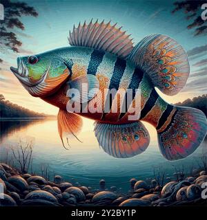 Erkunden Sie die Welt des Peacock Bass Fish, Südamerikas farbenfrohe Raubtier, bekannt für seine Kraft und Schönheit. Ein muss für trophäensuchende Angler! Stock Vektor