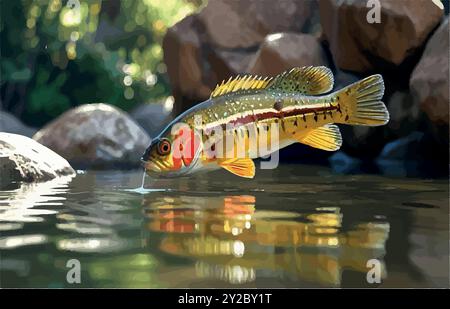 Erkunden Sie die Welt des Peacock Bass Fish, Südamerikas farbenfrohe Raubtier, bekannt für seine Kraft und Schönheit. Ein muss für trophäensuchende Angler! Stock Vektor