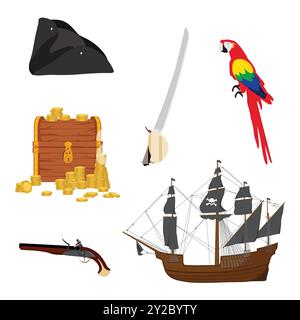 Zeichentrickfilme: Papagei, Schätze, Piratenmütze und Segelschiff. Vektorsymbolgruppe. Stock Vektor